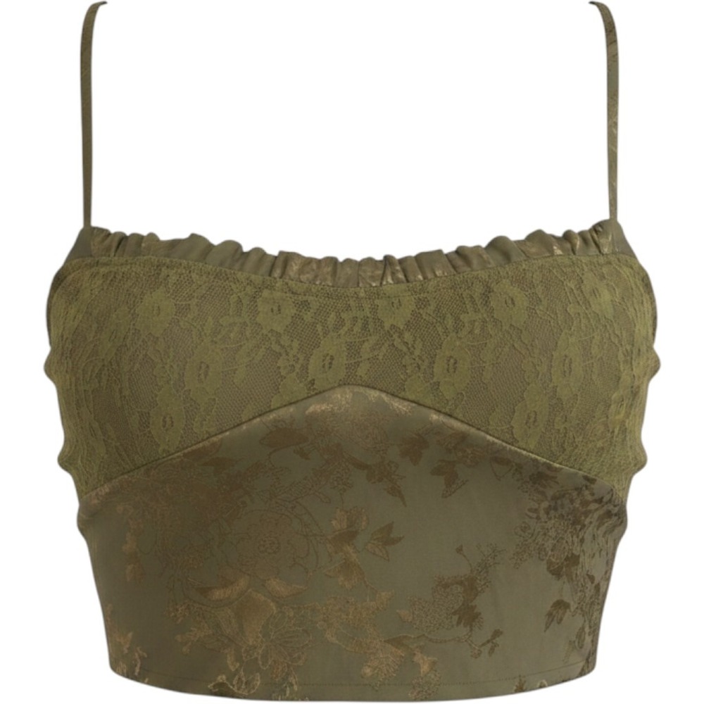 Cider Olive Green Floral Jacquard Lace Crop Top Cami Halter Tie Back Zip